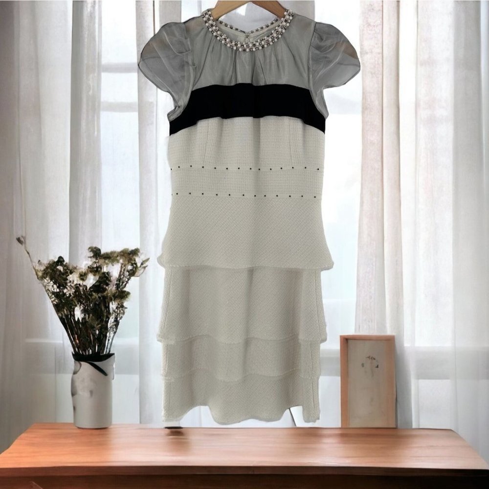 McGinn Gray & White Pearl Beaded Tiered Party Dress Size Small